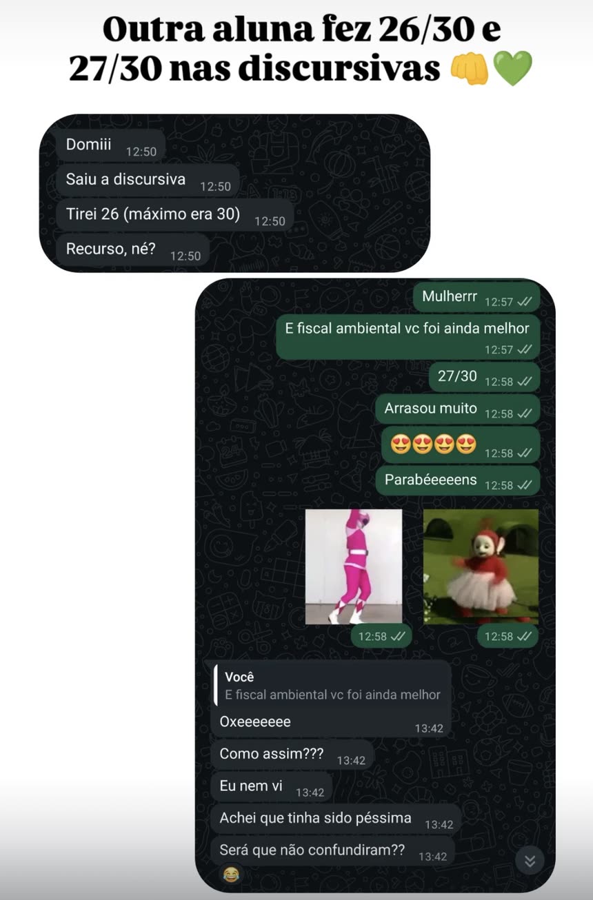 Aluna tira 26 de 30 e 27 de 30 nas provas discursivas.