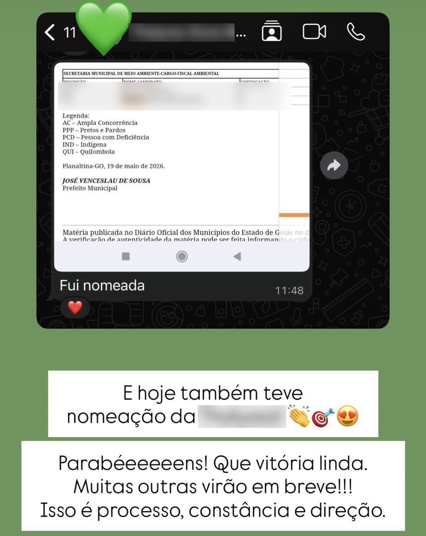 Aluna envia o Diário Oficial com a nomeação dela: 'Fui nomeada'.