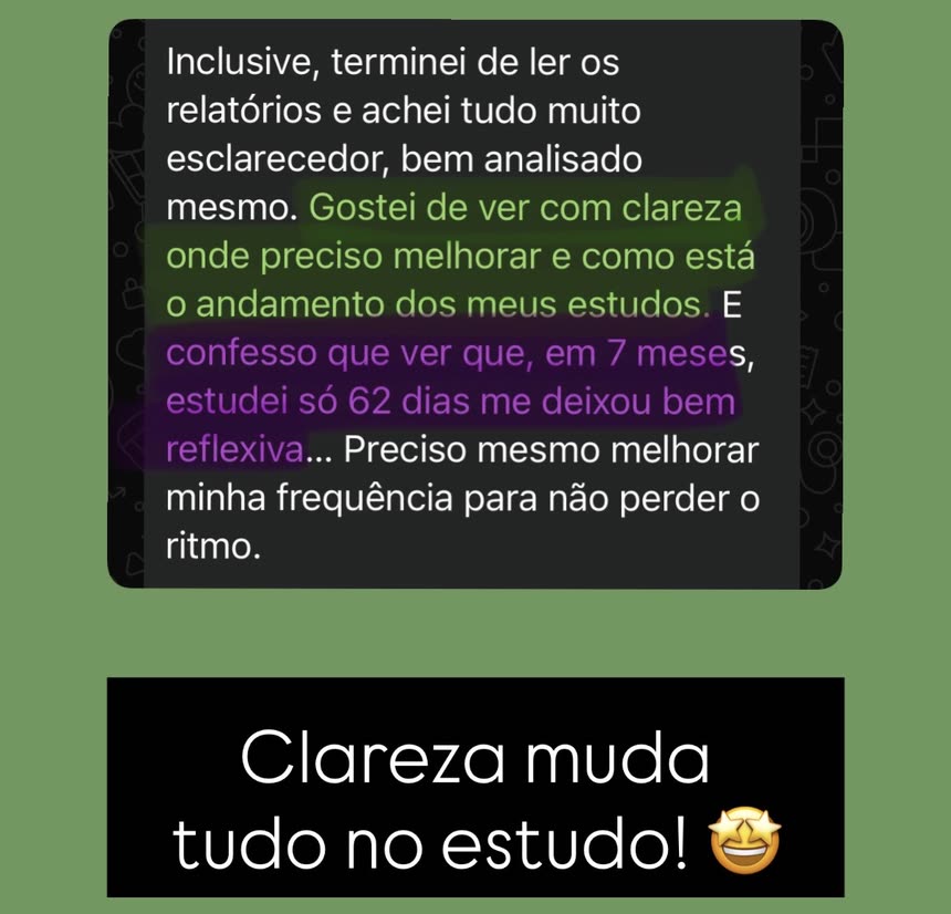Aluna comenta os relatórios: vê com clareza onde precisa melhorar e como estão os estudos.